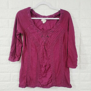Meadow & Rue Blouse Top Lace-Trim 3/4 Sleeve SZ M